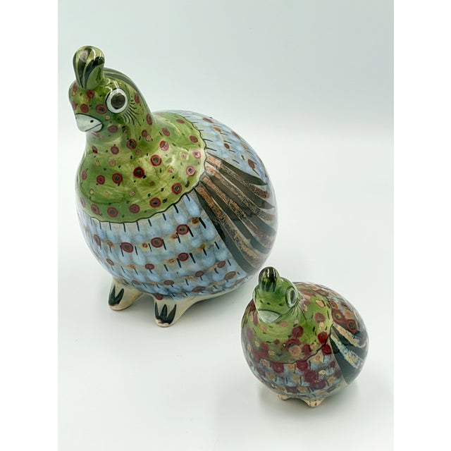 Folk Art Folk-Art Ken Edwards Tonala Pottery Hand Painted Palomar Quail Mama & Baby Bird For Sale - Image 3 of 9