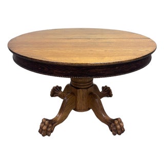 Antique Victorian 48 Inch Round Tiger Oak Claw Foot Pedestal Dining Table For Sale