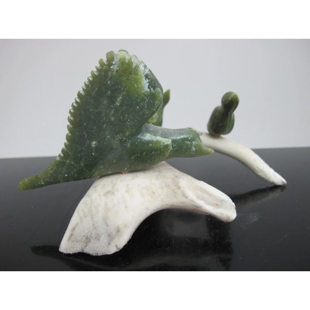 Inuit Canada Native Carved Stone Birds Perched on Antler Branch by Tr McPhee For Sale - Image 4 of 7
