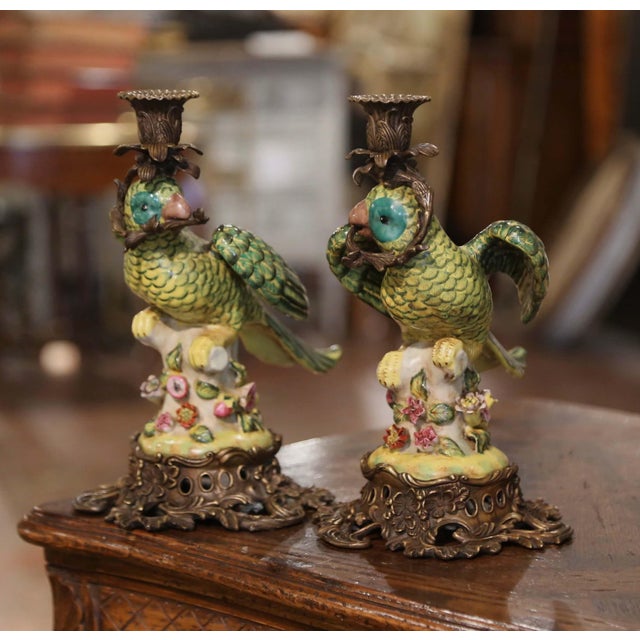 Bronze Pair of Early 20th Century French Faience Parrot Candle Holders on Bronze Bases For Sale - Image 8 of 12