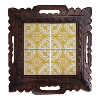 Midcentury Wood and Tile Tray With Handles For Sale