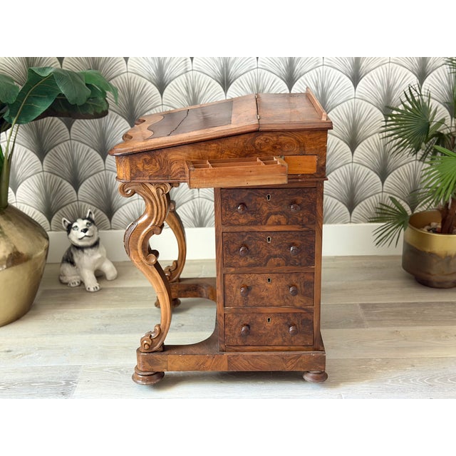Antique Victorian Burl Walnut Wood and Leather Davenport Writing Table Secretary Desk For Sale - Image 14 of 18