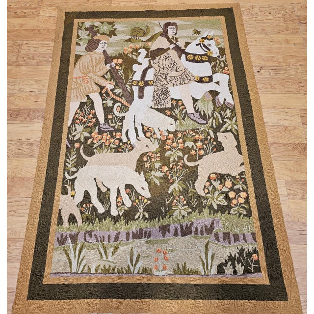 This vintage American hand-hooked tapestry presents a charming and imaginative forest scene of genuine narrative richness...