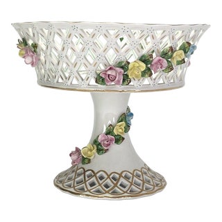 1950s Dresden Porcelain Reticulated Basket Compote Stand Applied Floral For Sale