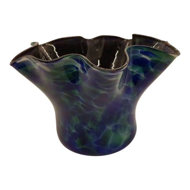 Vintage Contemporary Ruffled Edge Art Glass Bowl For Sale