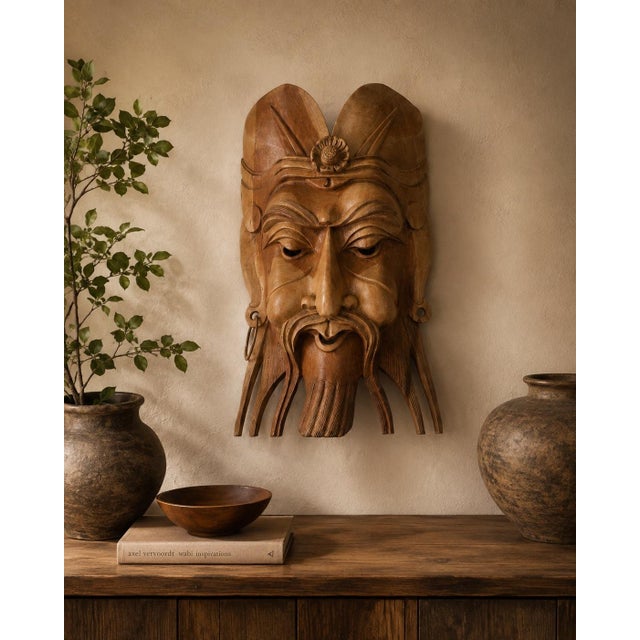 Chinese Vintage Chinese-Style Warrior Wall Mask in Hand-Carved Tropical Wood, C. 1960–1980 For Sale - Image 3 of 11