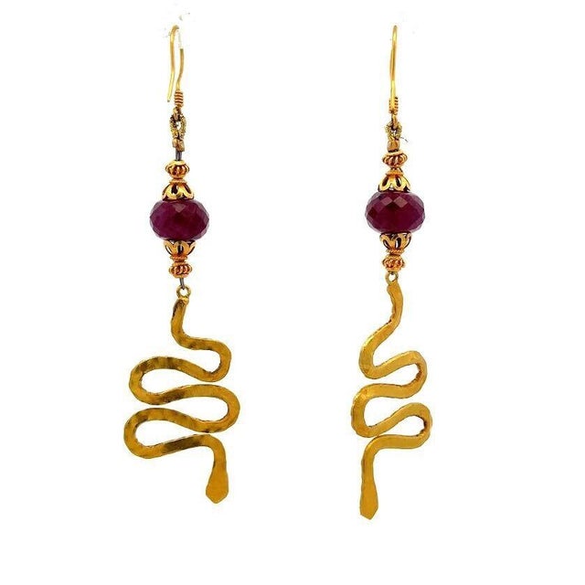 Ruby Snake Earrings 18k Long Drop Dangle in Yellow Gold, 2 pieces For Sale - Image 4 of 6