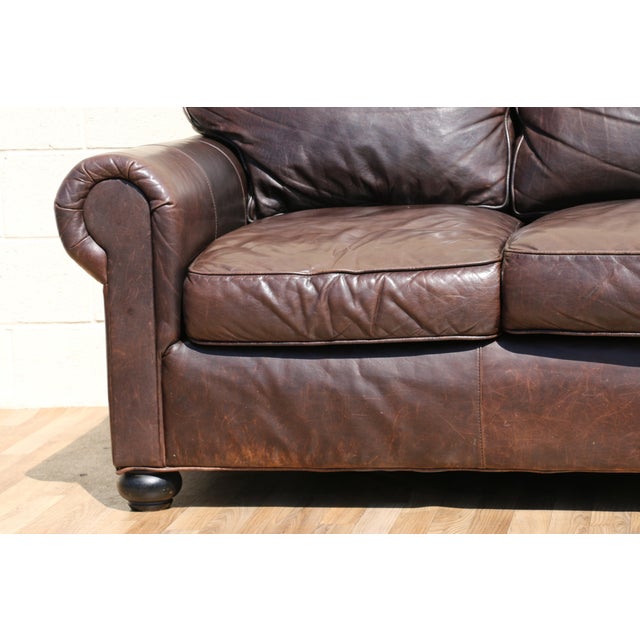 Modern Restoration Hardware Brown Leather Three-Seat Sofa | Vintage Modern Down-Filled Cushions For Sale - Image 3 of 18