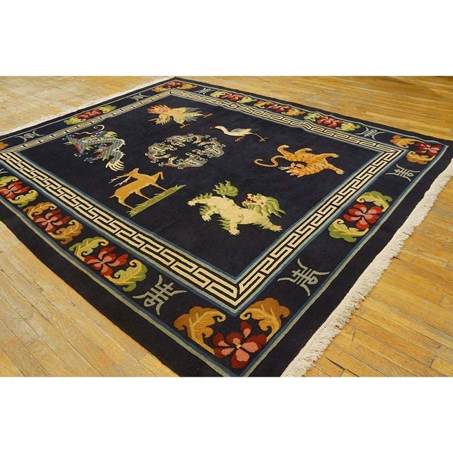 1940s 1940s Blue Animals Classic Greek Antique Chinese Tibetan Handknotted Wool Rug For Sale - Image 5 of 8