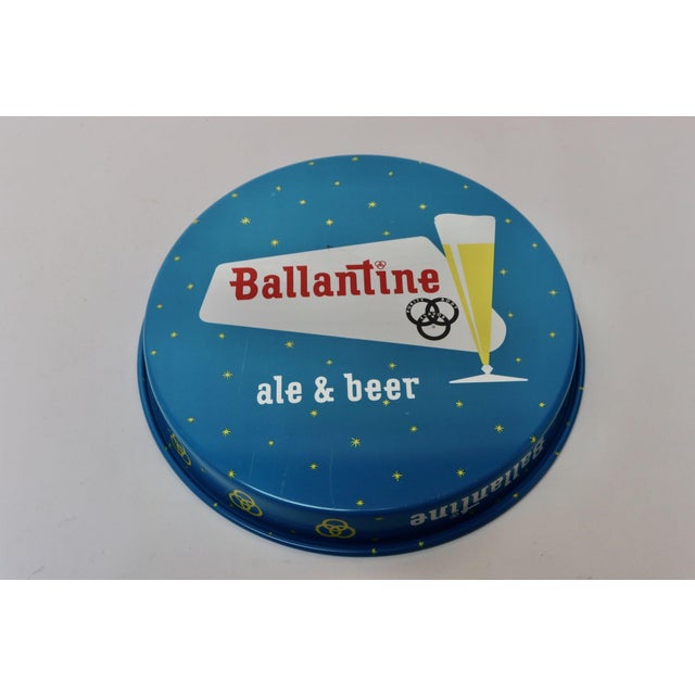 Vintage High Gloss Blue Enameled Metal Double-Sided Ballantine Beer Tray For Sale - Image 4 of 17