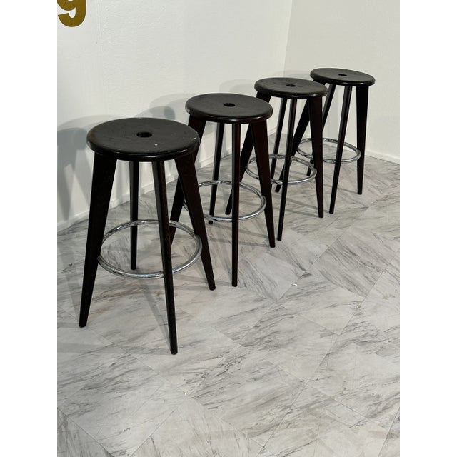 Mid-Century Modern Set of 4 Tabouret Haut Jean Prouvé Bar Stool Vitra Dark Oak For Sale - Image 3 of 6