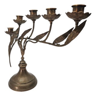 French Art Nouveau Brass Lily Botanical Candelabra, 5-Light, Early 20th Century 15" For Sale