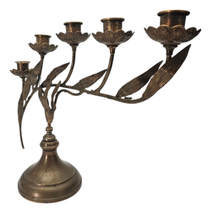 French Art Nouveau Brass Lily Botanical Candelabra, 5-Light, Early 20th Century 15"