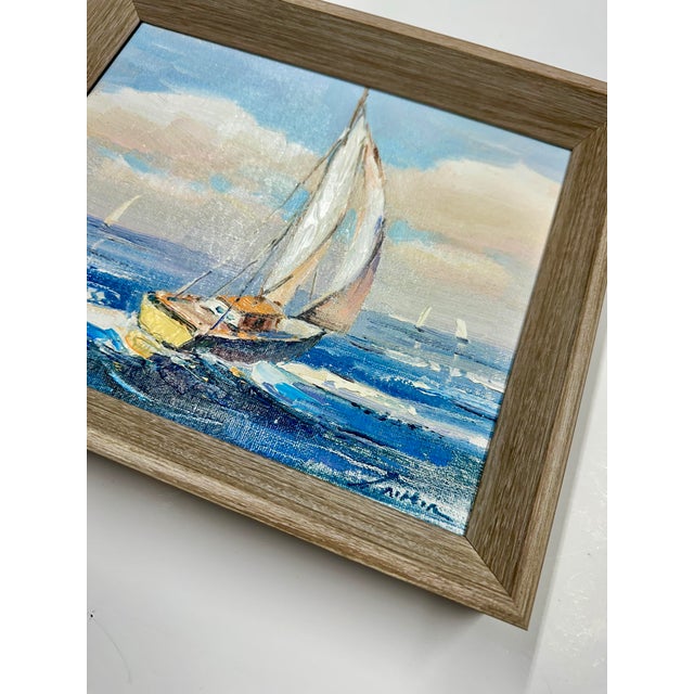 Sailboat Seascape Waves Original Oil on Canvas, by Alton (Framed) For Sale - Image 6 of 9