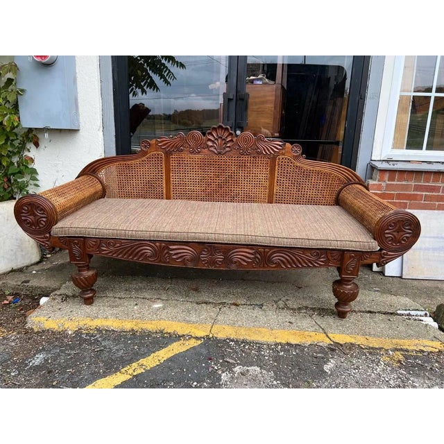 19th Century Antique British Anglo Indian Carved Mahogany Cane Seat and Back Settee For Sale - Image 5 of 18