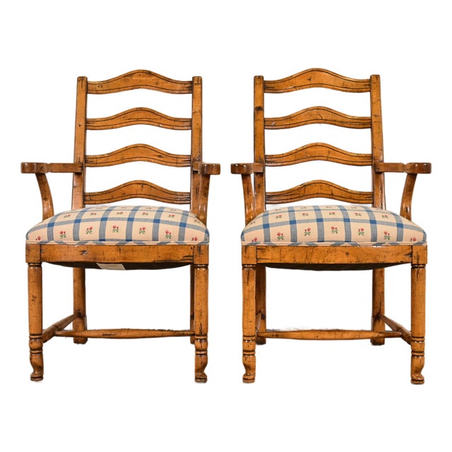 Guy Chaddock English Country Rustic Carved Maple Ladder Back Armchairs or Dining Captain Chairs, Pair For Sale