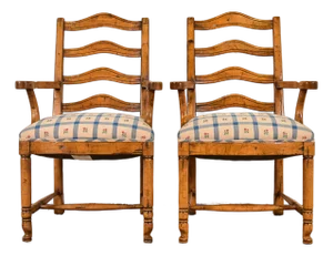 Guy Chaddock English Country Rustic Carved Maple Ladder Back Armchairs or Dining Captain Chairs, Pair