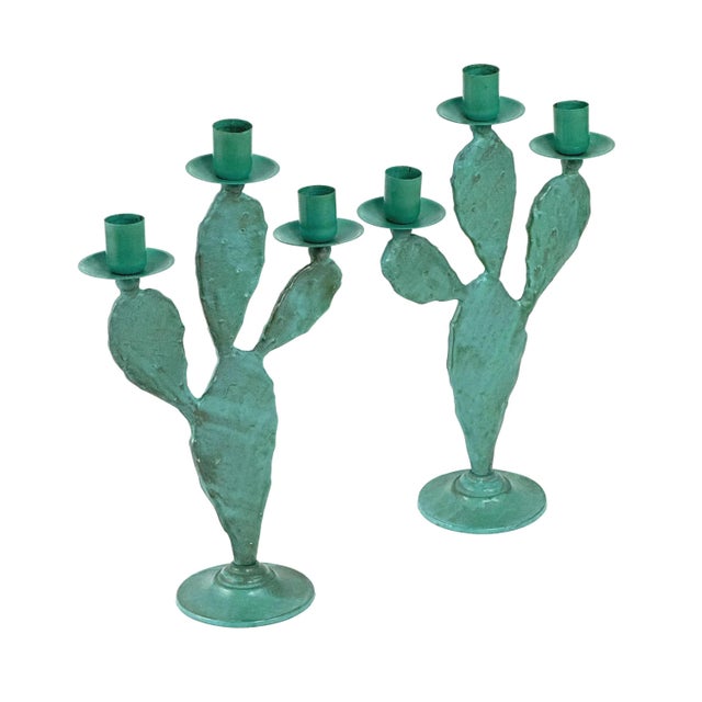 Metal Vintage 1990s Pair of (2) Turquoise Prickly Pear Cactus Candelabras Metal Candle Stick Holders For Sale - Image 7 of 17