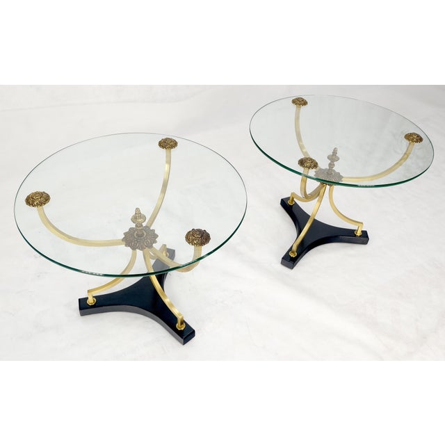 Metal Pair of 22" Round Glass Top Brass Bases End Side Center Tables Stands For Sale - Image 7 of 12