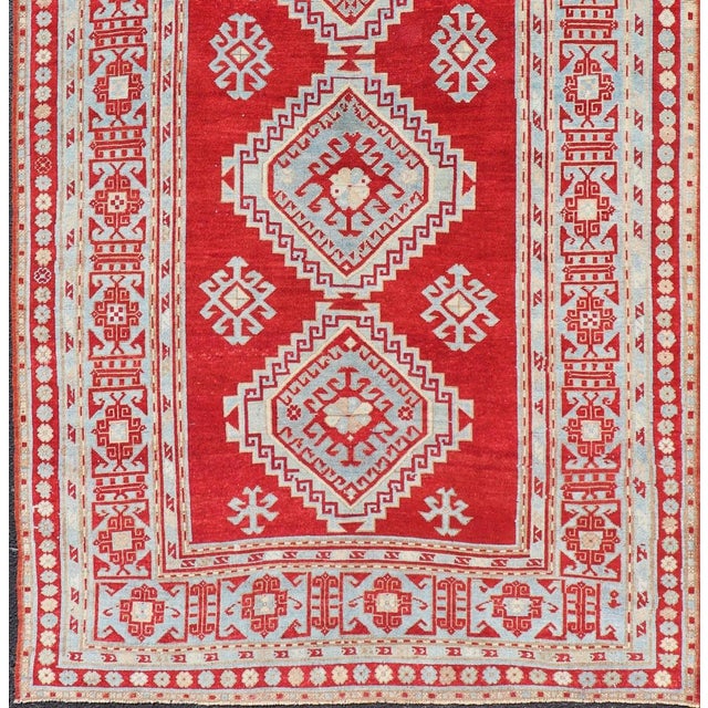 Antique Caucasian Kazak Gallery Rug in Brilliant Red With Geometric Design 5'0 X 11'0 For Sale - Image 4 of 12