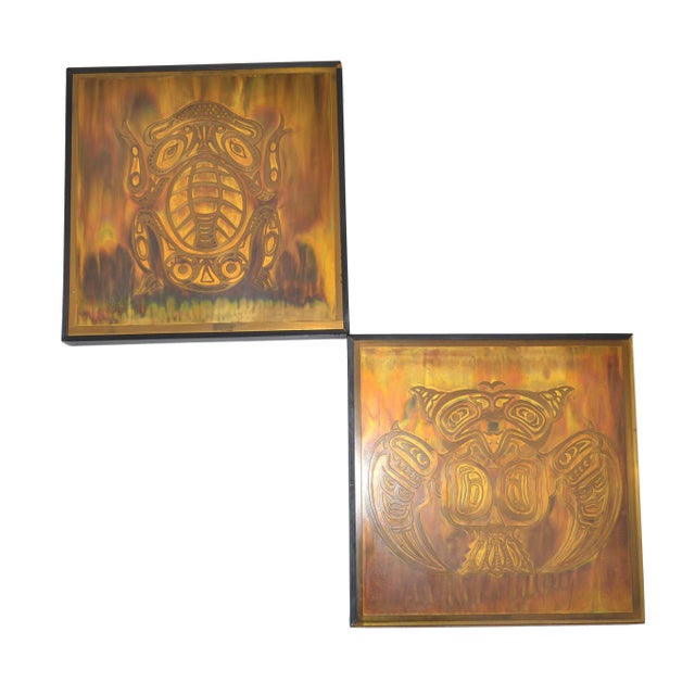 Bernhard Rohne Vintage Acid Etched Brass Owl & Frog Panel Framed Art - Two For Sale - Image 12 of 13