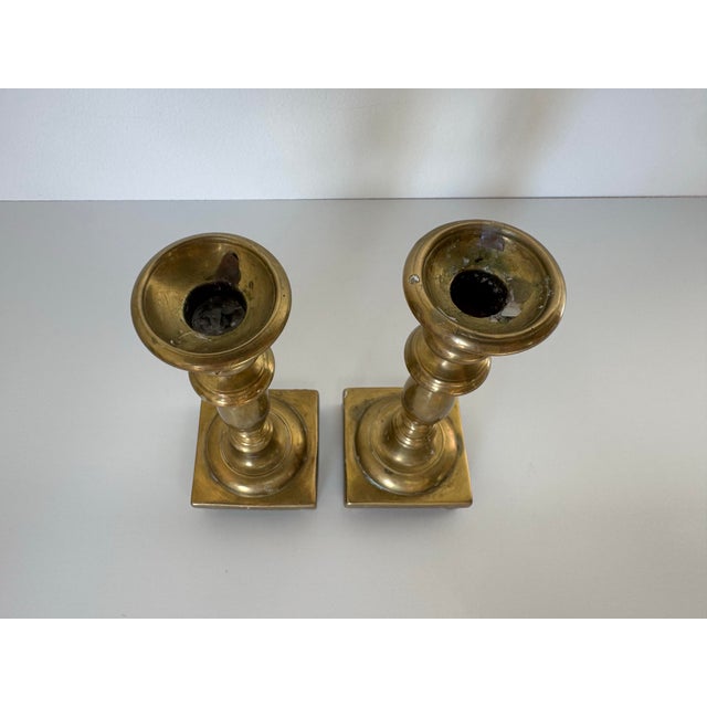 Vintage Solid Brass Candleholders on Raised Square Bases – Set of 2 For Sale - Image 10 of 12