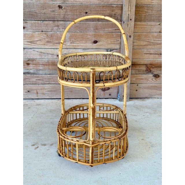Mid-Century Italian Rattan and Bamboo Bar Cart in the Manner of Franco Albini For Sale - Image 9 of 12
