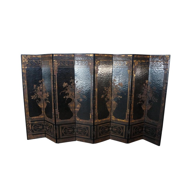 Chinoiserie Vintage Chinoiserie Black Lacquer 8 Panel Folding Screen Room Divider 144" For Sale - Image 3 of 18