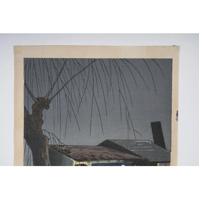 Paper Vintage Mid 20th Century Japanese Woodblock Noodle Shop at Night For Sale - Image 7 of 7