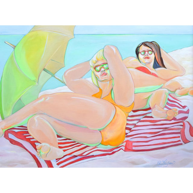 Large Pop Art Modernist Oil Painting of Two Sun Bathers at the Beach For Sale - Image 4 of 6