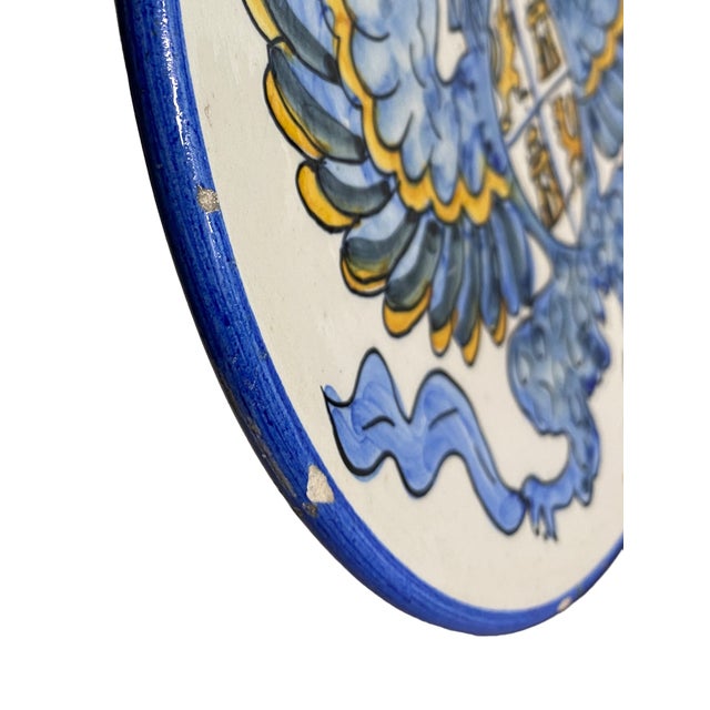 Ceramic 1960s Hand Painted Majolica Crest Blue White Yellow Decorative Wall Plate For Sale - Image 7 of 10