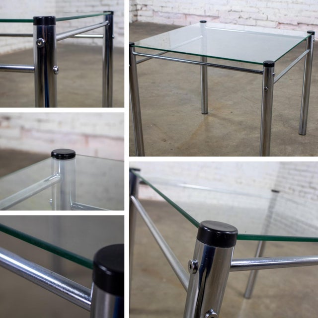 1970’s Modern Square End or Side Table by James David Cylindrical Chrome Tube Frame & Glass Top For Sale - Image 16 of 18