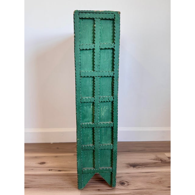 Folk Art Antique Tramp Art Green Painted Pyramid Carved Étagère Display Cabinet For Sale - Image 3 of 16