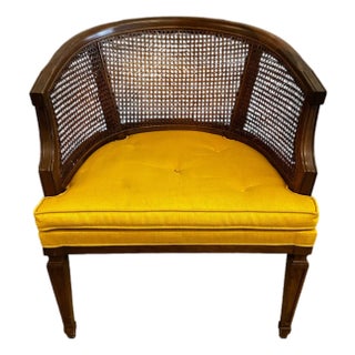 Vintage Cane-Back Barrel Chair With Yellow Upholstered Seat (Nice) For Sale