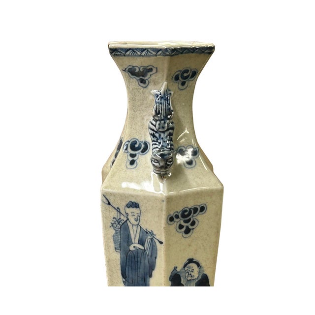 Vintage Rhombus Shape Blue White Eight Immortal Graphic Porcelain Vase For Sale - Image 9 of 18