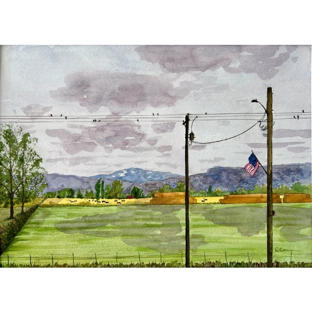 Original Watercolor painting of the view looking out of my art studio window at my neighbor’s hay field in peaceful farm...