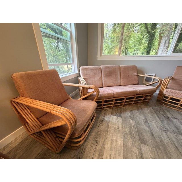 Wood Vintage Six-Strand Square Pretzel Rattan Sofa + Pair of Lounge Chairs, Style of Paul Frankl For Sale - Image 7 of 14