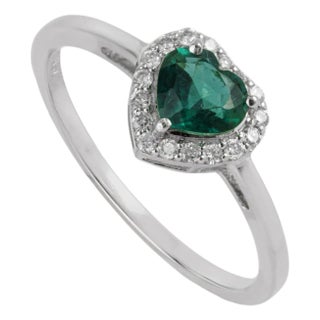 Art Deco Heart Cut Emerald & Diamond Promise Ring Size 7 in 18k White Gold For Sale