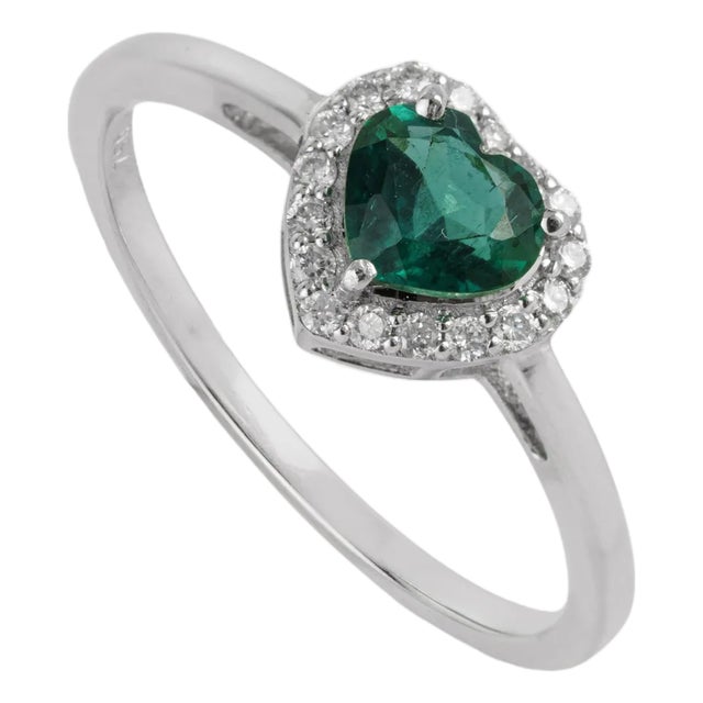 Art Deco Heart Cut Emerald & Diamond Promise Ring Size 7 in 18k White Gold For Sale