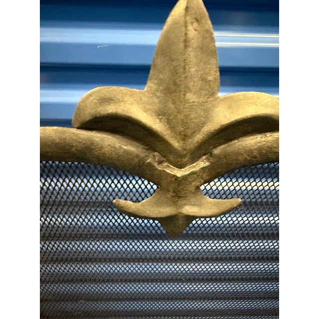 This antique metal fireplace screen features a gently arched frame, riveted detailing, and a decorative fleur‑de‑lis crest...