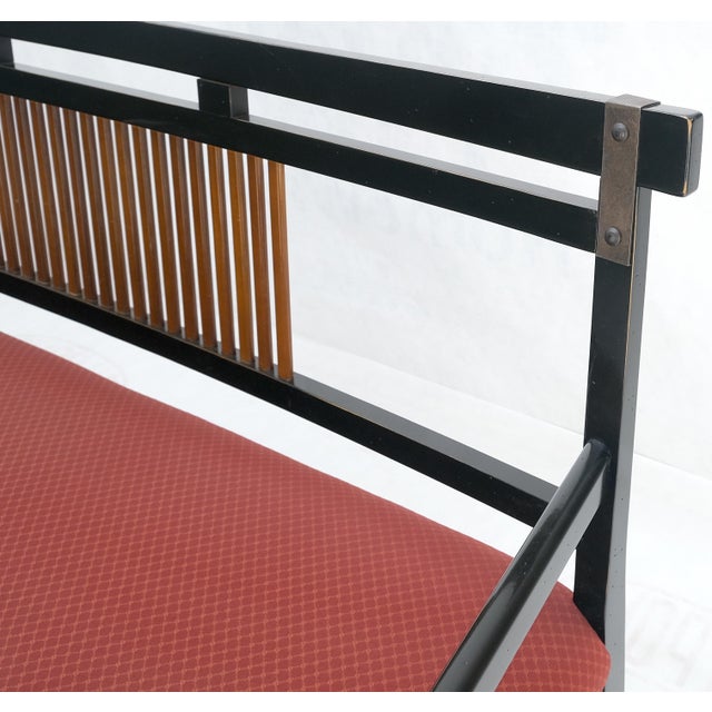 Late 20th Century Vintage Black Lacquer Red Upholstery Bench w/ Arms Slotted Back MINT For Sale - Image 5 of 11