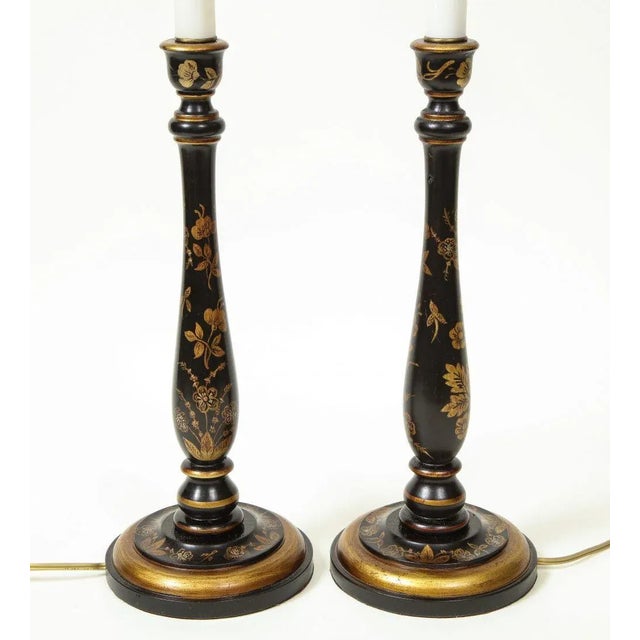 Pair of Georgian Style Black and Gilt Candlestick Table Lamps For Sale - Image 4 of 11