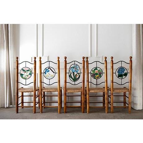 Vintage Hand Painted Folk Art Dining Chairs With Woven Rush Seats - Set of 5 For Sale - Image 13 of 13