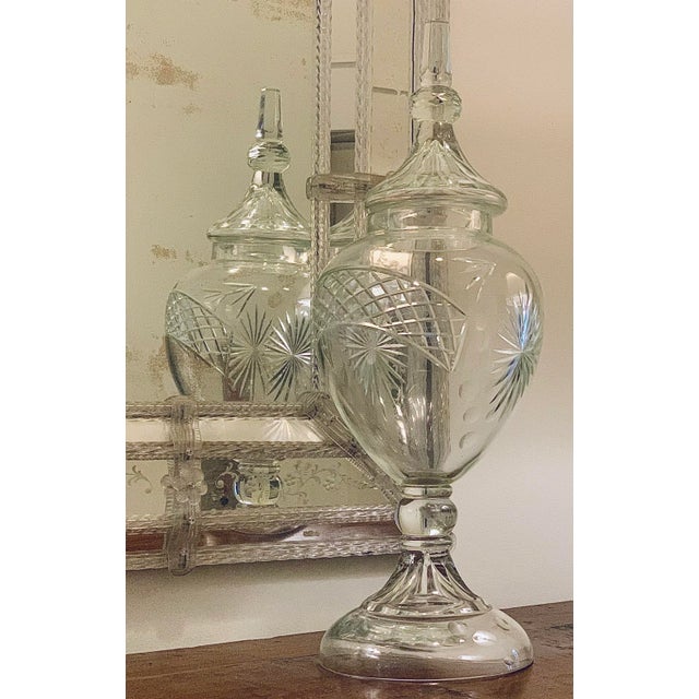 Antique Late 19th Century English Monumental Blown Cut-Glass Apothecary Jar With Faceted Finial Cover. It is rare for a...