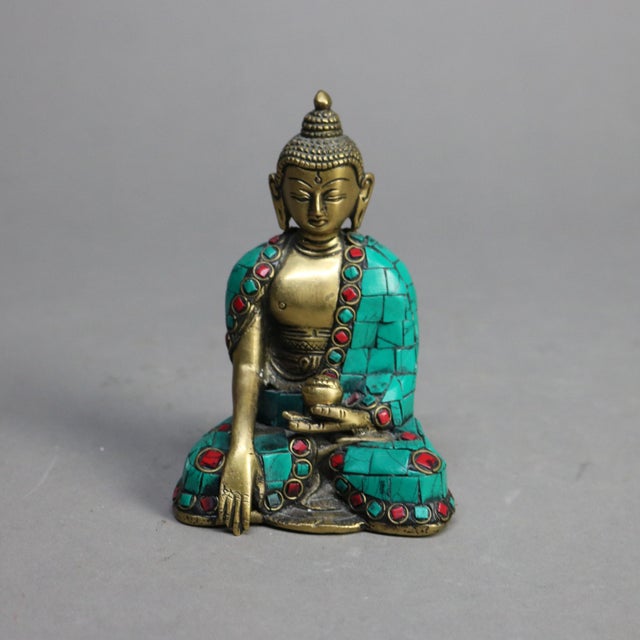 Tibetan Polychromed Bronze Buddhist Deity Statue with Mosaic Pattern 20thC Measures - 4.75"H x 3.25"W x 2.5"D