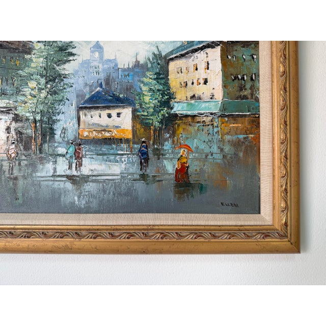 1990’s Vintage Parisian Street Scene Oil on Canvas Painting by Ellen – Wood Framed For Sale - Image 9 of 10