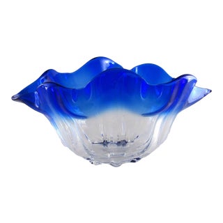 Hand Blown Cobalt and Clear Glass Bowl With Freeform Ruffled Rim For Sale