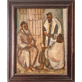 Arieh Allweil, Synagogue Interior Jerusalem Modernist Israeli Judaica Oil Painting Rabbi Prayer For Sale