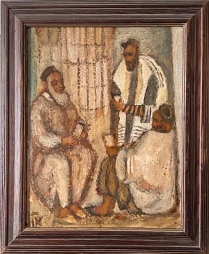 Arieh Allweil, Synagogue Interior Jerusalem Modernist Israeli Judaica Oil Painting Rabbi Prayer