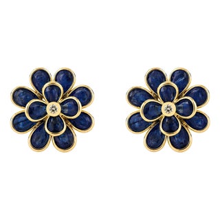 18k Yellow Gold Deep Blue Sapphire Floral CLuster Earrings With Diamonds- A Pair For Sale